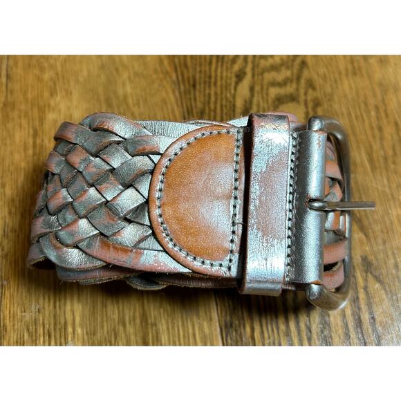 Express Sliver Leather Wide Woven Belt Sz M - Picture 4 of 5